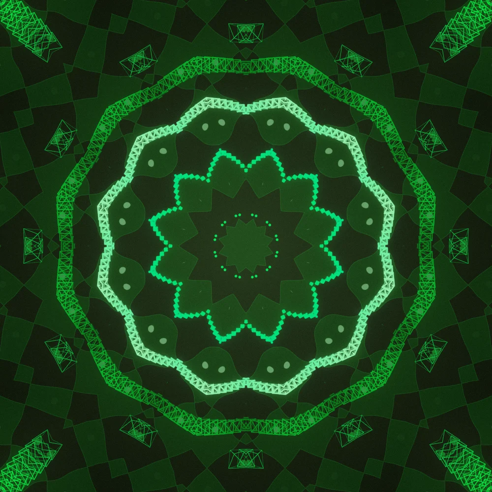 Glow Facet – Fibonacci · 59 wireframe octahedra · 8-fold symmetry · Bioluminescent palette · 12-wedge kaleidoscope with 1 fractal fold, bloom, film grain, warm grade, tapered strokes generated with Espiralito