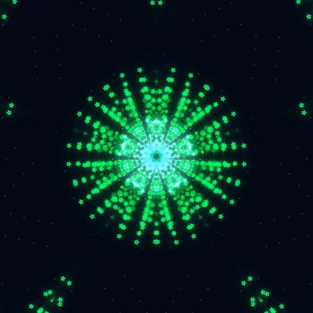 Glow Mirror – Spiral · 236 diamonds · 10-fold symmetry · Bioluminescent palette · 5-wedge kaleidoscope with 1 fractal fold, bloom, cool grade, 3D depth, ellipse distortion, tapered strokes, shape morphing, animated background, fit-to-canvas, glow, depth sorting, connecting lines generated with Espiralito