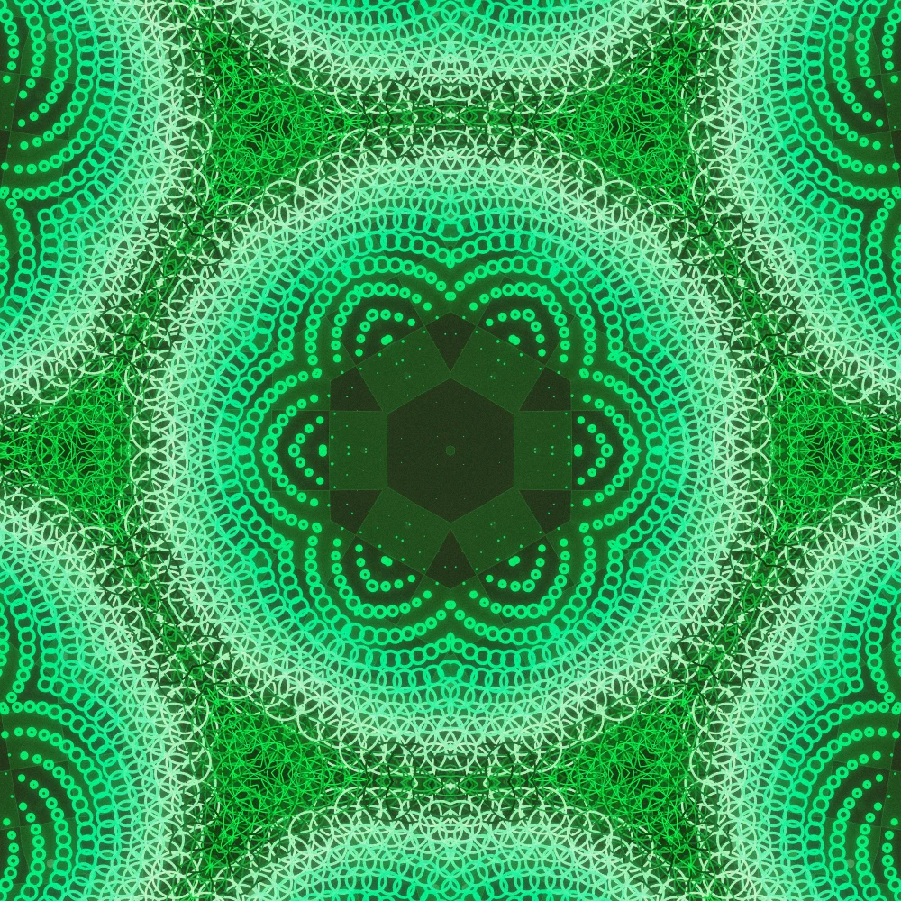 Glow Mosaic – Fibonacci · 119 circles · 9-fold symmetry · Bioluminescent palette · 6-wedge kaleidoscope with 2 fractal folds, bloom, film grain, warm grade, tapered strokes generated with Espiralito