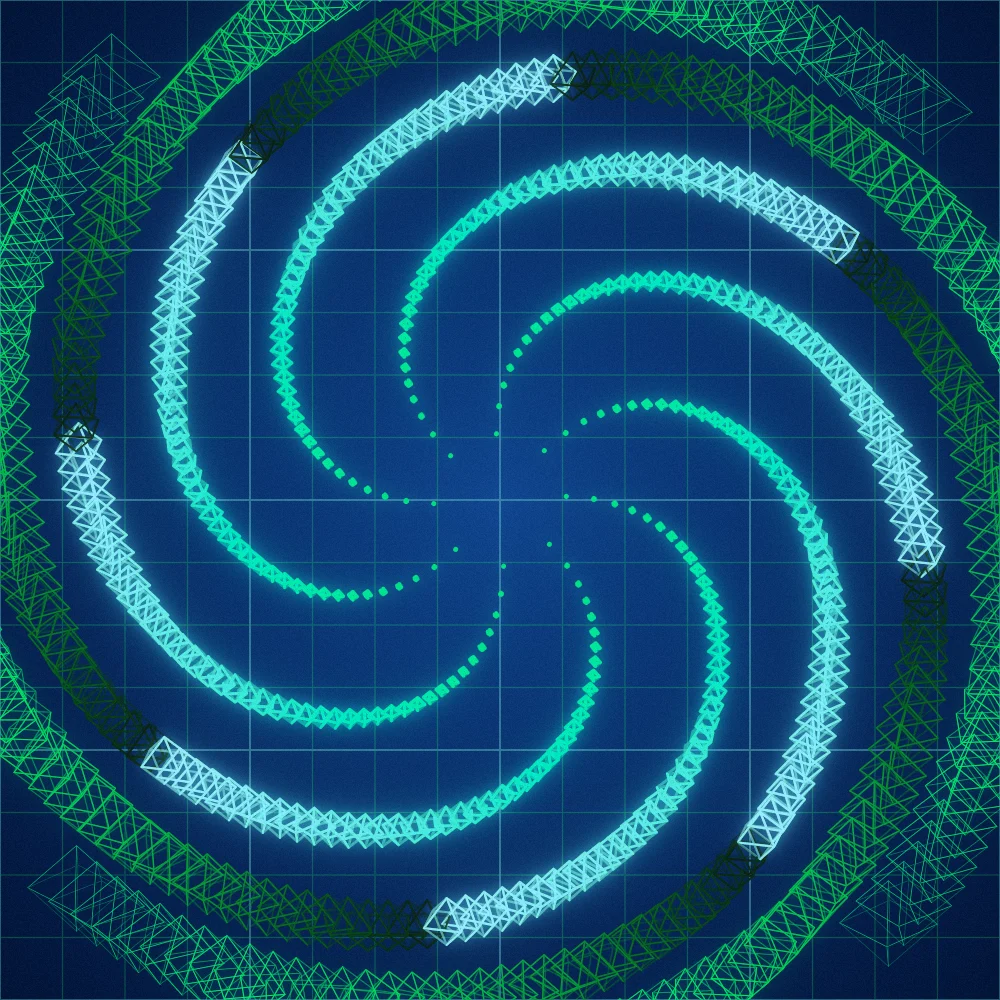 Glow Octahedra – Fibonacci · 76 wireframe octahedra · 8-fold symmetry · Bioluminescent palette · bloom, film grain, cool grade, tapered strokes, turning solids generated with Espiralito
