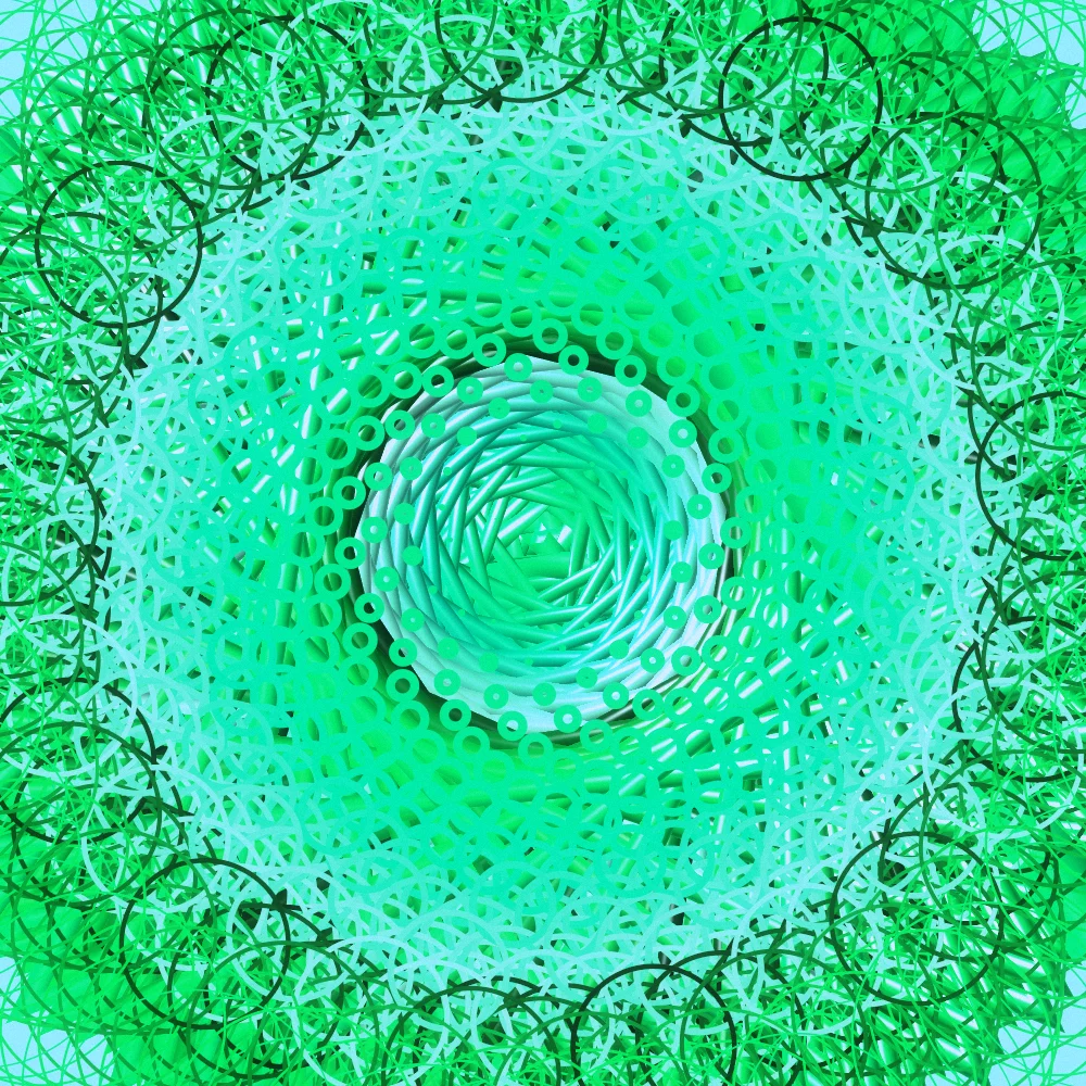 Glow Seedhead – Fibonacci · 167 circles · 6-fold symmetry · Bioluminescent palette · ribbons + dots, bloom, film grain, cool grade, tapered strokes generated with Espiralito
