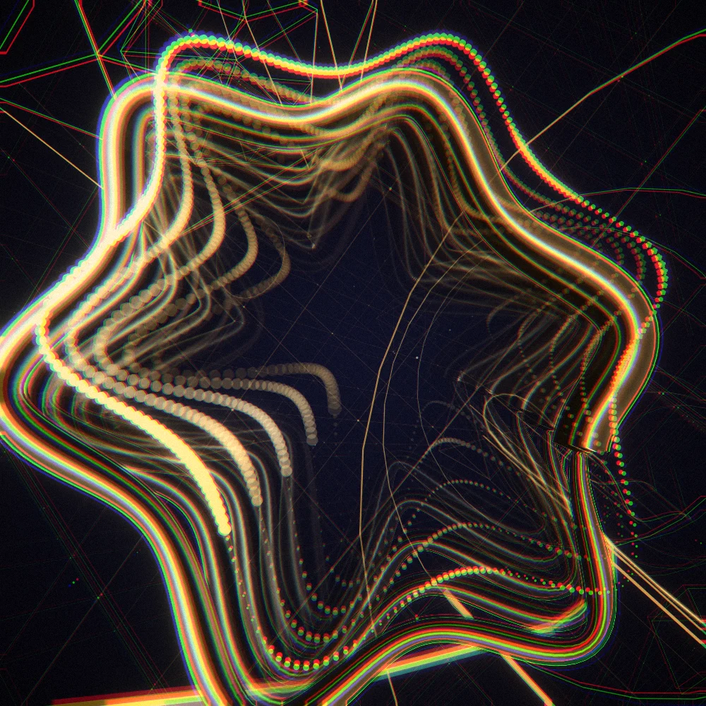 Gold Bloom – Superformula · 219 circles · 6-fold symmetry · Gold palette · ribbons + dots, bloom, chromatic aberration, film grain, warm grade, 3D depth, tapered strokes, shape morphing, fit-to-canvas, noise-sized shapes generated with Espiralito