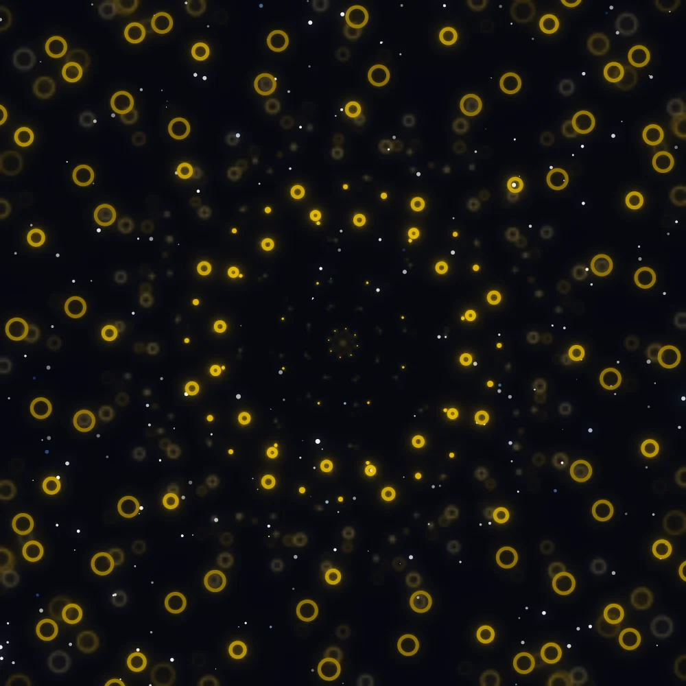 Gold Dust – Spiral · 205 circles · 8-fold symmetry · Mono Amber palette · bloom, 3D depth, ellipse distortion, animated background, glow, motion trails, depth sorting generated with Espiralito