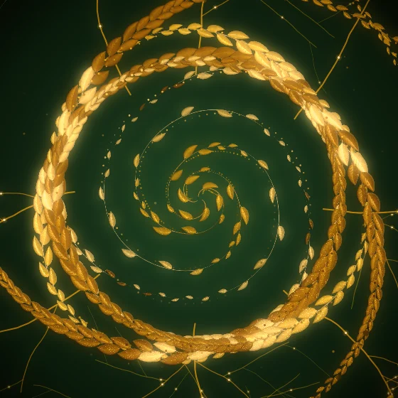 Gold Fiddlehead – Organic · 120 circles · 3-fold symmetry · Gold palette · bloom, warm grade, tapered strokes