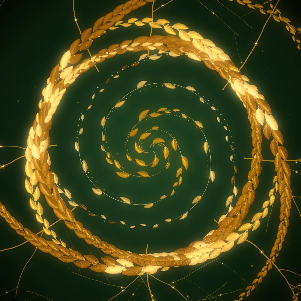 Gold Fiddlehead – Organic · 120 circles · 3-fold symmetry · Gold palette · bloom, warm grade, tapered strokes generated with Espiralito