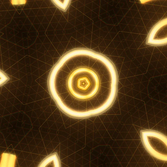 Gold Kaleidoscope – Spiral · 189 circles · 3-fold symmetry · Gold palette · ribbons + dots, 5-wedge kaleidoscope with 1 fractal fold, bloom, chromatic aberration, film grain, warm grade, 3D depth, tapered strokes, shape morphing, animated background, glow, noise-sized shapes