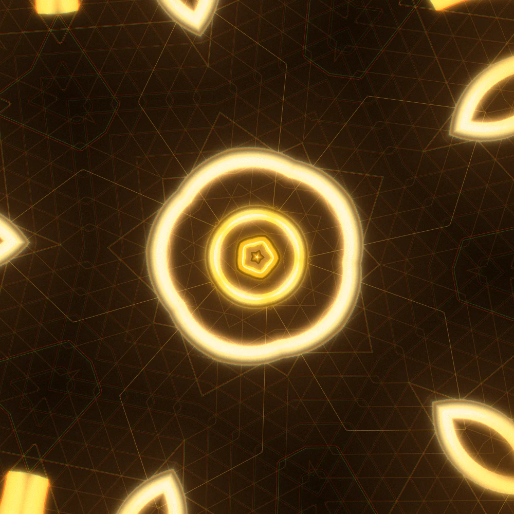 Gold Kaleidoscope – Spiral · 189 circles · 3-fold symmetry · Gold palette · ribbons + dots, 5-wedge kaleidoscope with 1 fractal fold, bloom, chromatic aberration, film grain, warm grade, 3D depth, tapered strokes, shape morphing, animated background, glow, noise-sized shapes generated with Espiralito