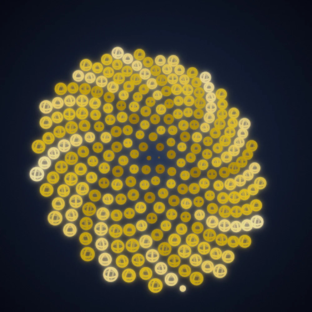 Gold Orbs – Fibonacci · 129 wireframe spheres · Gold palette · bloom, film grain, 3D depth, glow, depth sorting, turning solids generated with Espiralito