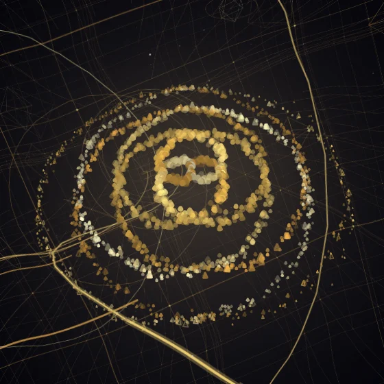 Gold Pyramids – Spiral · 184 wireframe pyramids · 2-fold symmetry · Gold palette · , 3D depth, dual spiral, tapered strokes, animated background, depth sorting, turning solids