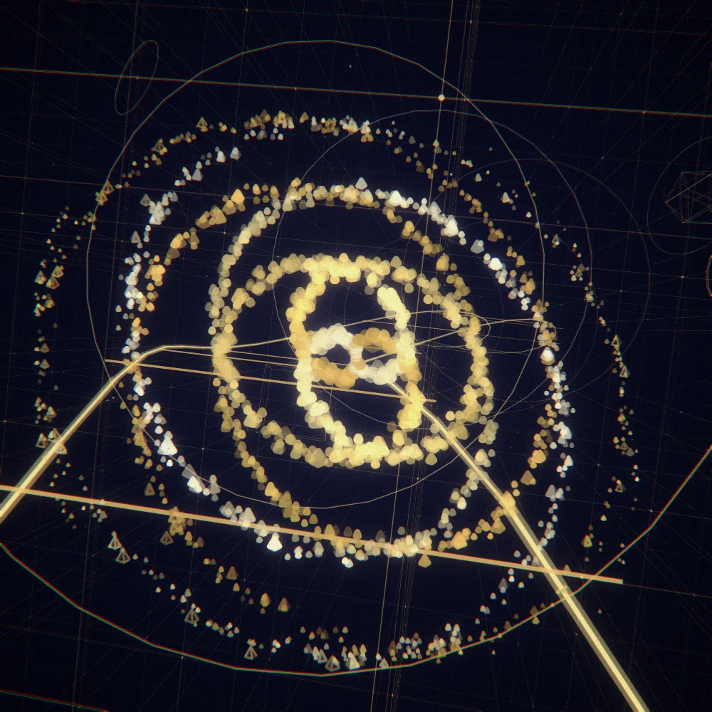 Gold Pyramids – Spiral · 184 wireframe pyramids · 2-fold symmetry · Gold palette · bloom, chromatic aberration, film grain, 3D depth, dual spiral, tapered strokes, depth sorting, turning solids generated with Espiralito