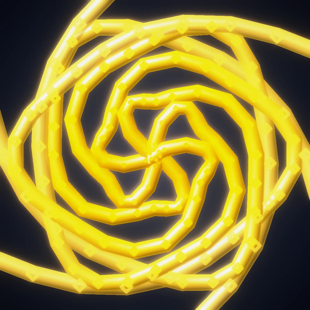 Gold Rope – Spiral · 186 diamonds · 6-fold symmetry · Supernova palette · ribbons + dots, bloom, 3D depth, tapered strokes generated with Espiralito