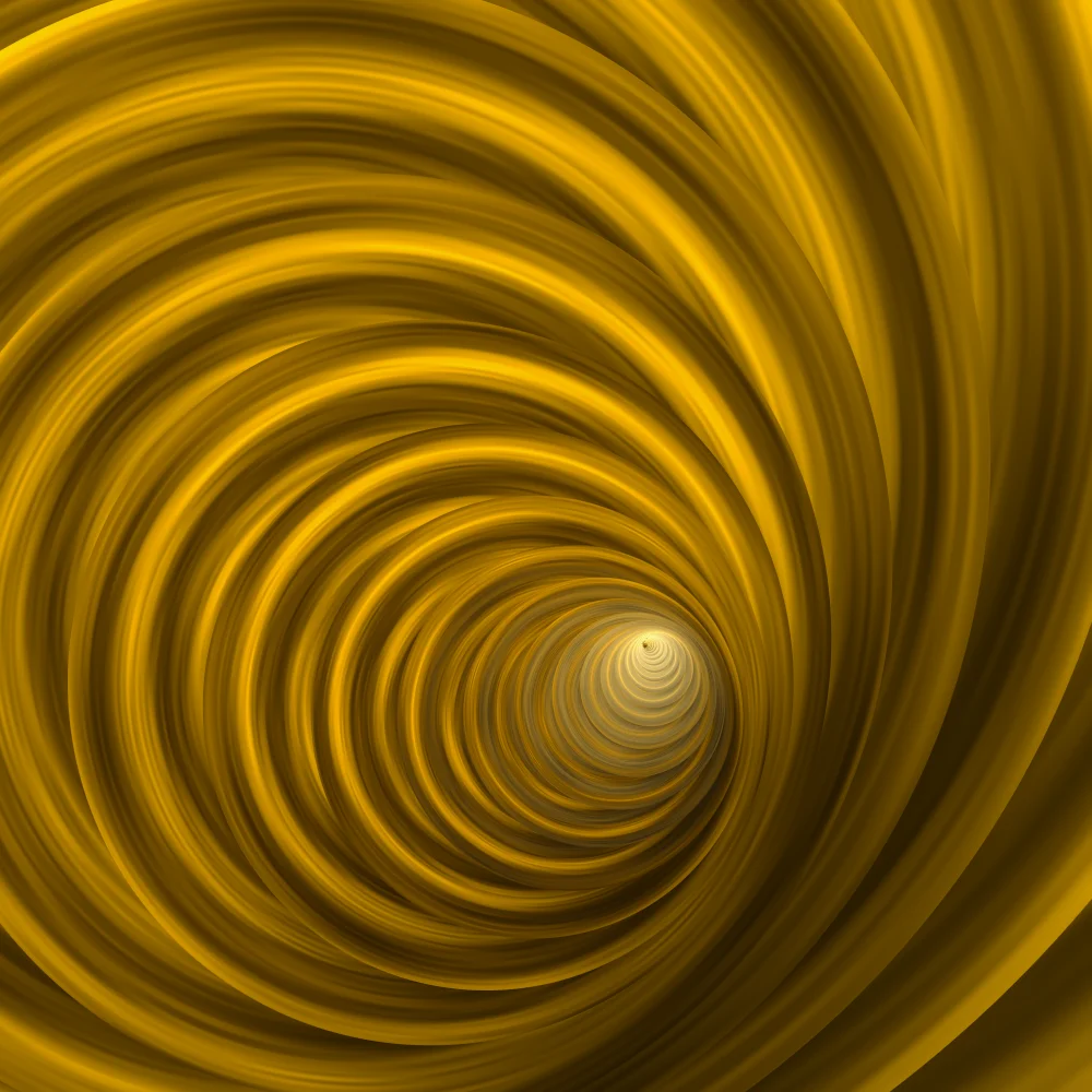 Gold Tunnel – Swirls · a stack of paper discs sinking into a tunnel · Gold palette · bloom generated with Espiralito