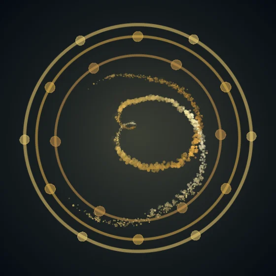 Gold Whorl – Spiral · 253 squares · Gold palette · , 3D depth, dual spiral, tapered strokes, shape morphing, animated background, depth sorting