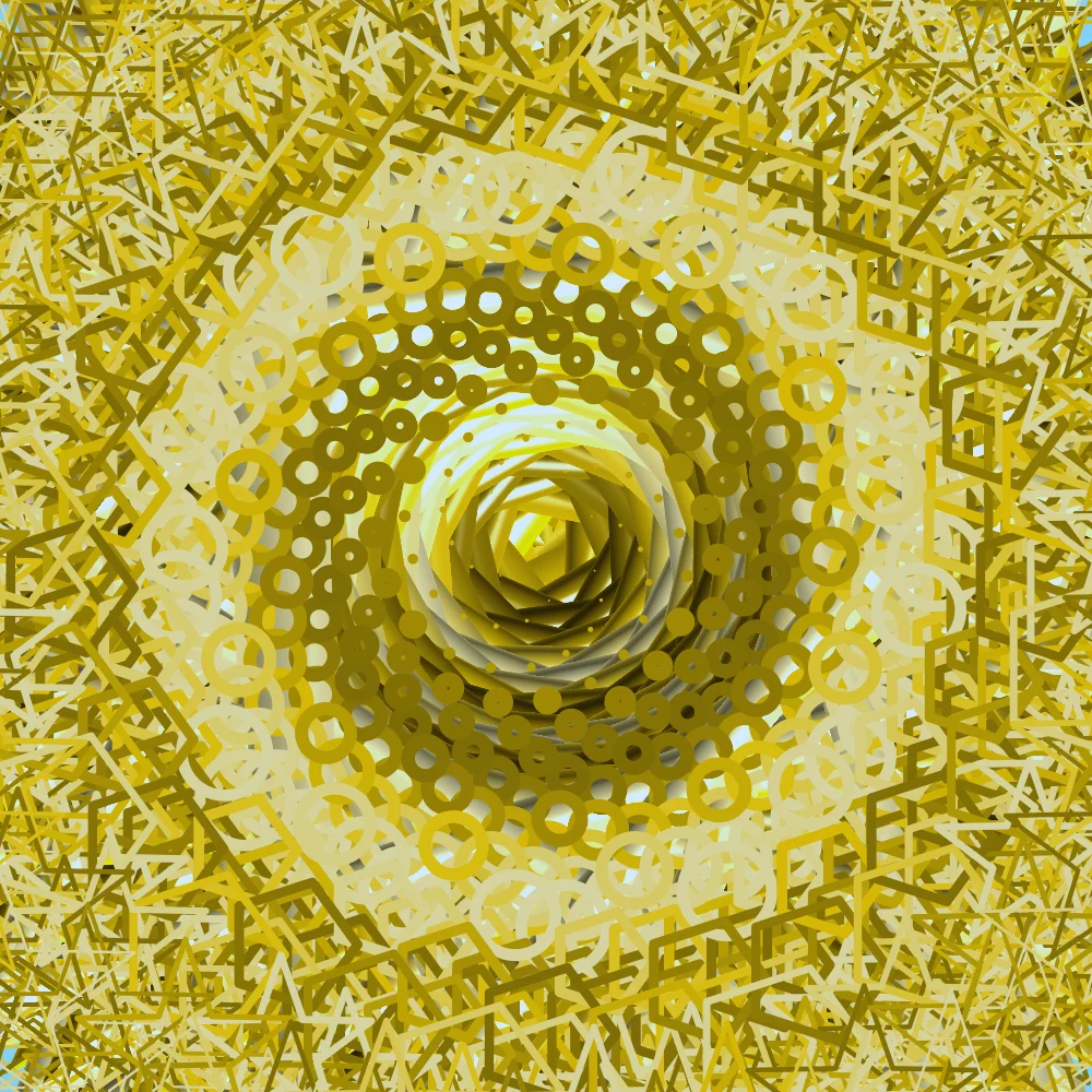 Golden Chamber – Fibonacci · 179 diamonds · 6-fold symmetry · Mono Amber palette · ribbons + dots, cool grade, tapered strokes, shape morphing, connecting lines generated with Espiralito