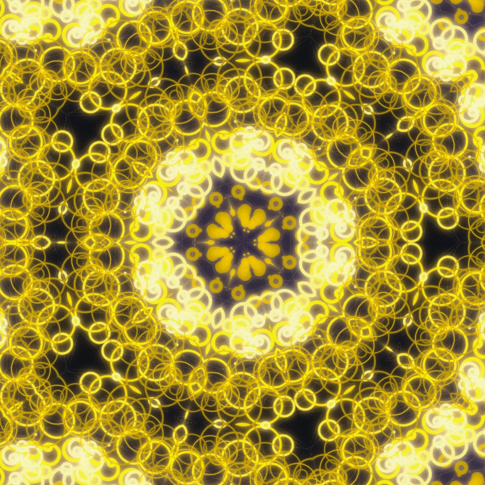 Golden Hive – Burst · 99 circles · 10-fold symmetry · Mono Amber palette · 5-wedge kaleidoscope with 1 fractal fold, bloom, film grain, 3D depth, reverse rotation, tapered strokes, animated background, glow, noise-sized shapes, depth sorting, connecting lines generated with Espiralito