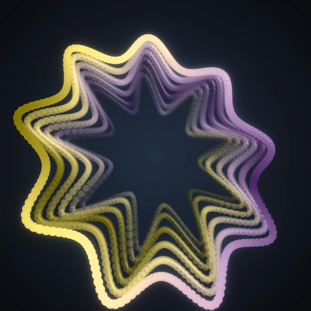 Honey Bloom – Superformula · 213 circles · 9-fold symmetry · Violet-Honey palette · ribbons + dots, bloom, warm grade, 3D depth generated with Espiralito