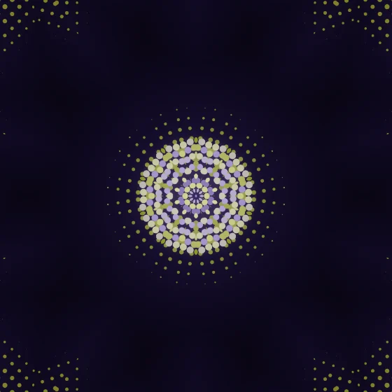 Honey Mirror – Fibonacci · 155 circles · Violet-Honey palette · 10-wedge kaleidoscope with 1 fractal fold, bloom, 3D depth, reverse rotation, depth sorting