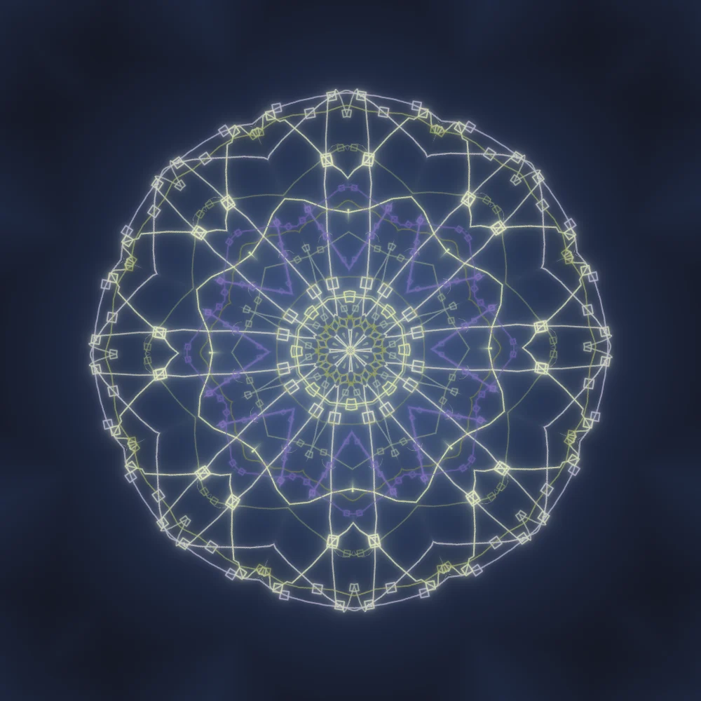 Honey Mirror – Mandala · 220 diamonds · Violet-Honey palette · 8-wedge kaleidoscope with 2 fractal folds, bloom, glow generated with Espiralito