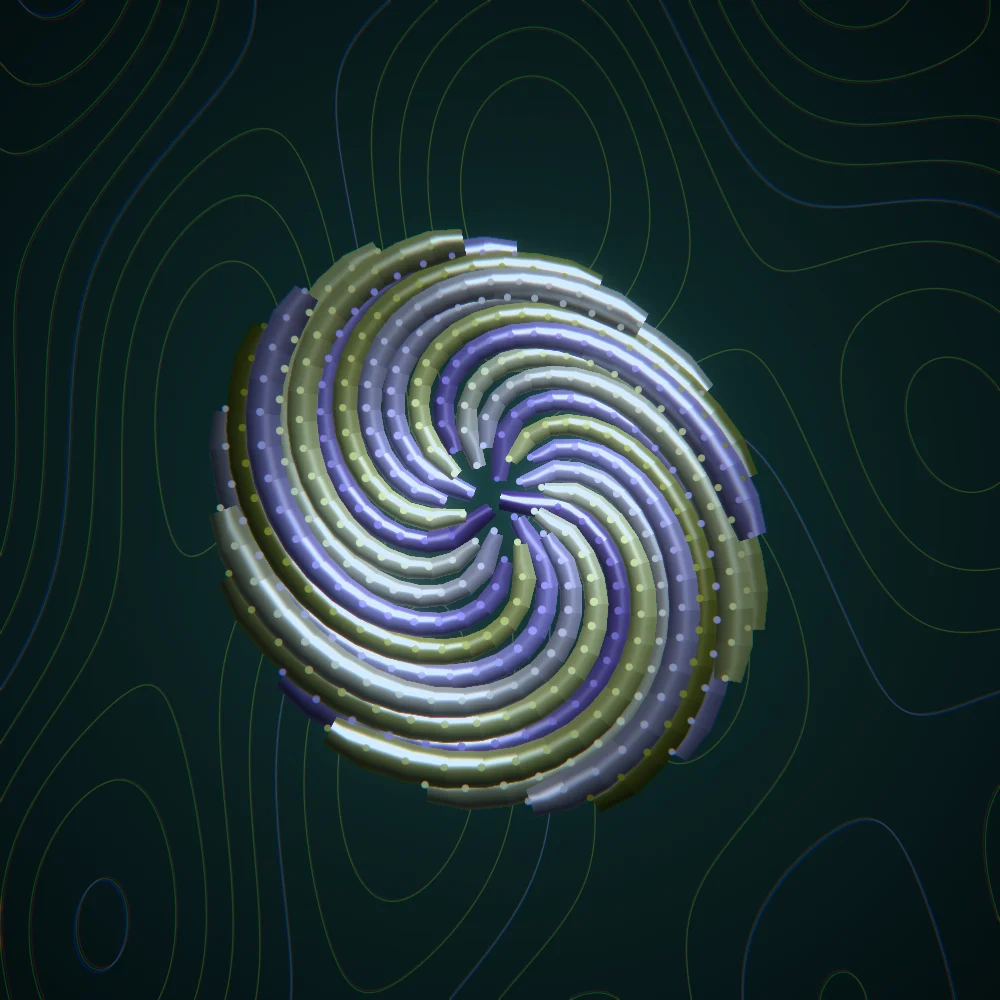 Honey Seedhead – Fibonacci · 207 circles · Violet-Honey palette · shaded ribbons, bloom, chromatic aberration, cool grade, 3D depth generated with Espiralito