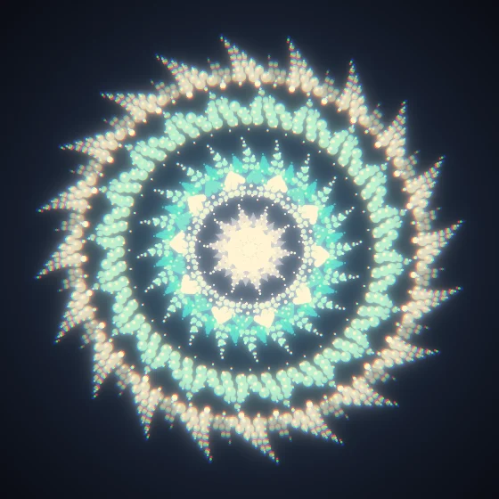 Ice Dotpaint – Mandala · 220 diamonds · Ice palette · bloom, chromatic aberration, warm grade, reverse rotation, glow