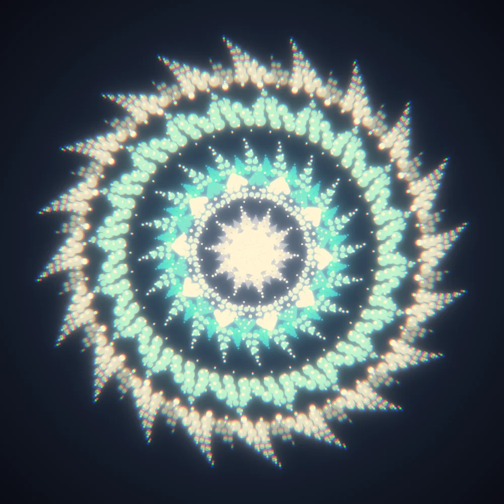 Ice Dotpaint – Mandala · 220 diamonds · Ice palette · bloom, chromatic aberration, warm grade, reverse rotation, glow generated with Espiralito