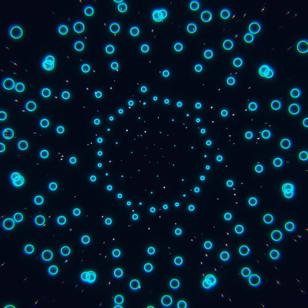 Ice Galaxy – Spiral · 153 circles · 7-fold symmetry · Vaporwave palette · bloom, chromatic aberration, cool grade, 3D depth, glow, depth sorting generated with Espiralito