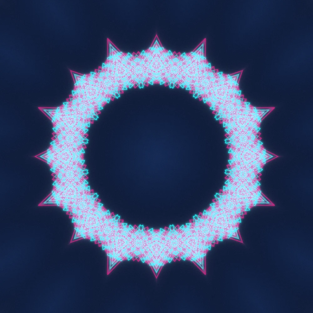 Ice Spires – Superformula · 300 wireframe octahedra · 6-fold symmetry · Complementary Teal palette · 8-wedge kaleidoscope with 2 fractal folds, bloom, film grain, cool grade, glow, turning solids generated with Espiralito