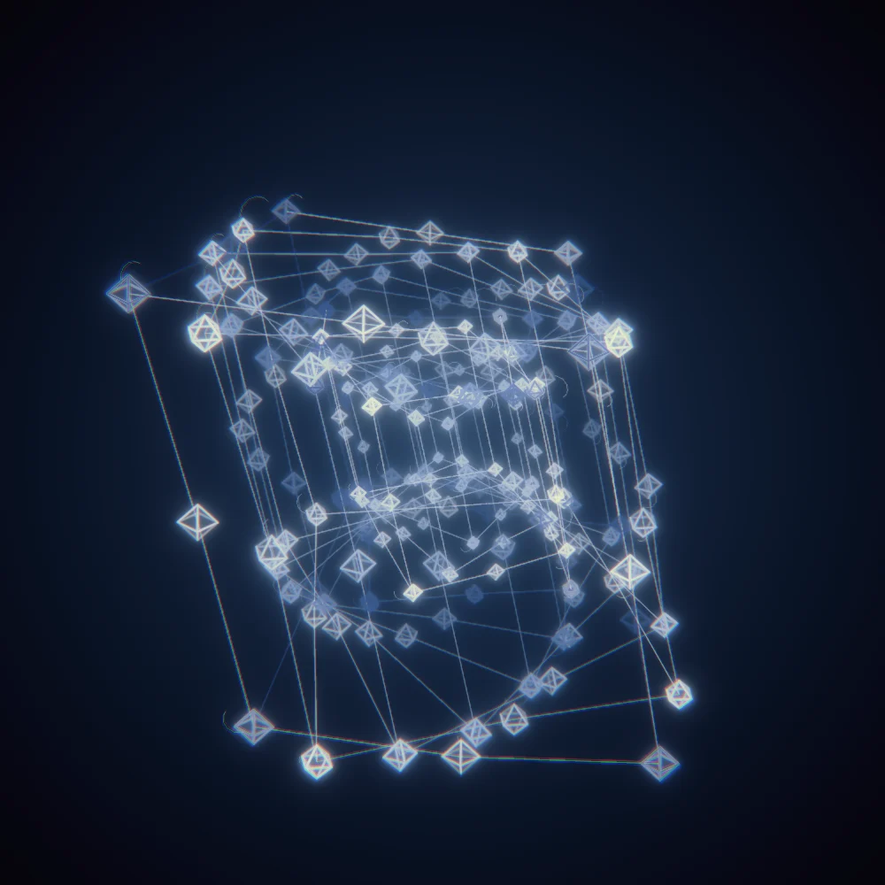 Indigo Octahedra – Mandala · 220 wireframe octahedra · Indigo palette · bloom, chromatic aberration, warm grade, 3D depth, glow, depth sorting, turning solids generated with Espiralito