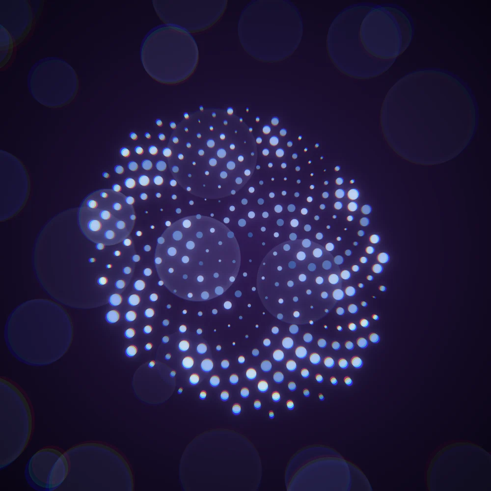 Indigo Seedhead – Fibonacci · 160 circles · Indigo palette · bloom, chromatic aberration, 3D depth, noise-sized shapes, depth sorting generated with Espiralito