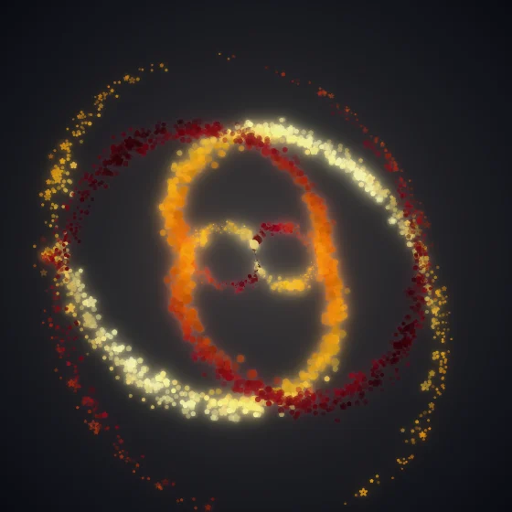 Inferno Vortex – Spiral · 247 circles · 2-fold symmetry · Inferno palette · ribbons + dots, bloom, 3D depth, dual spiral, tapered strokes, shape morphing, animated background, glow, noise-sized shapes