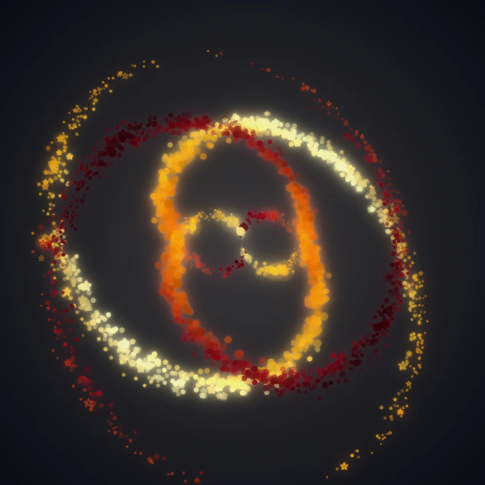 Inferno Vortex – Spiral · 247 circles · 2-fold symmetry · Inferno palette · ribbons + dots, bloom, 3D depth, dual spiral, tapered strokes, shape morphing, animated background, glow, noise-sized shapes generated with Espiralito