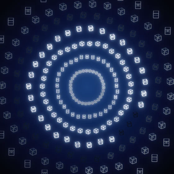 Ink Cubes – Mandala · 220 wireframe cubes · Ink palette · bloom, glow, turning solids