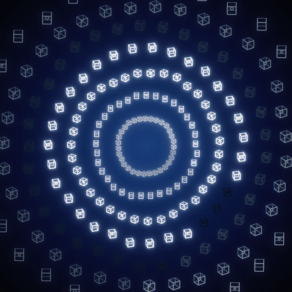 Ink Cubes – Mandala · 220 wireframe cubes · Ink palette · bloom, glow, turning solids generated with Espiralito