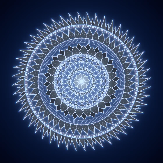 Ink Rosette – Mandala · 220 diamonds · Ink palette · bloom, chromatic aberration, cool grade, reverse rotation, glow