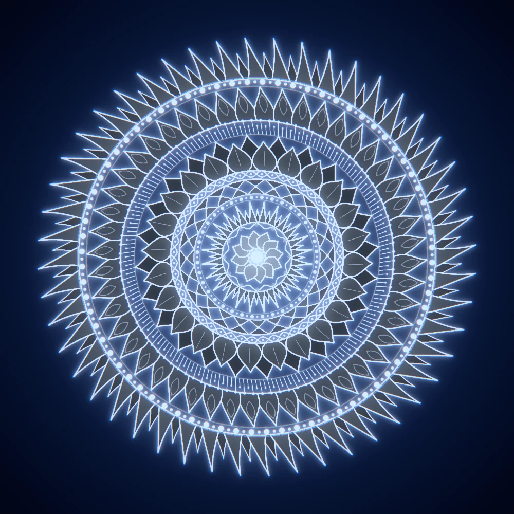 Ink Rosette – Mandala · 220 diamonds · Ink palette · bloom, chromatic aberration, cool grade, reverse rotation, glow generated with Espiralito