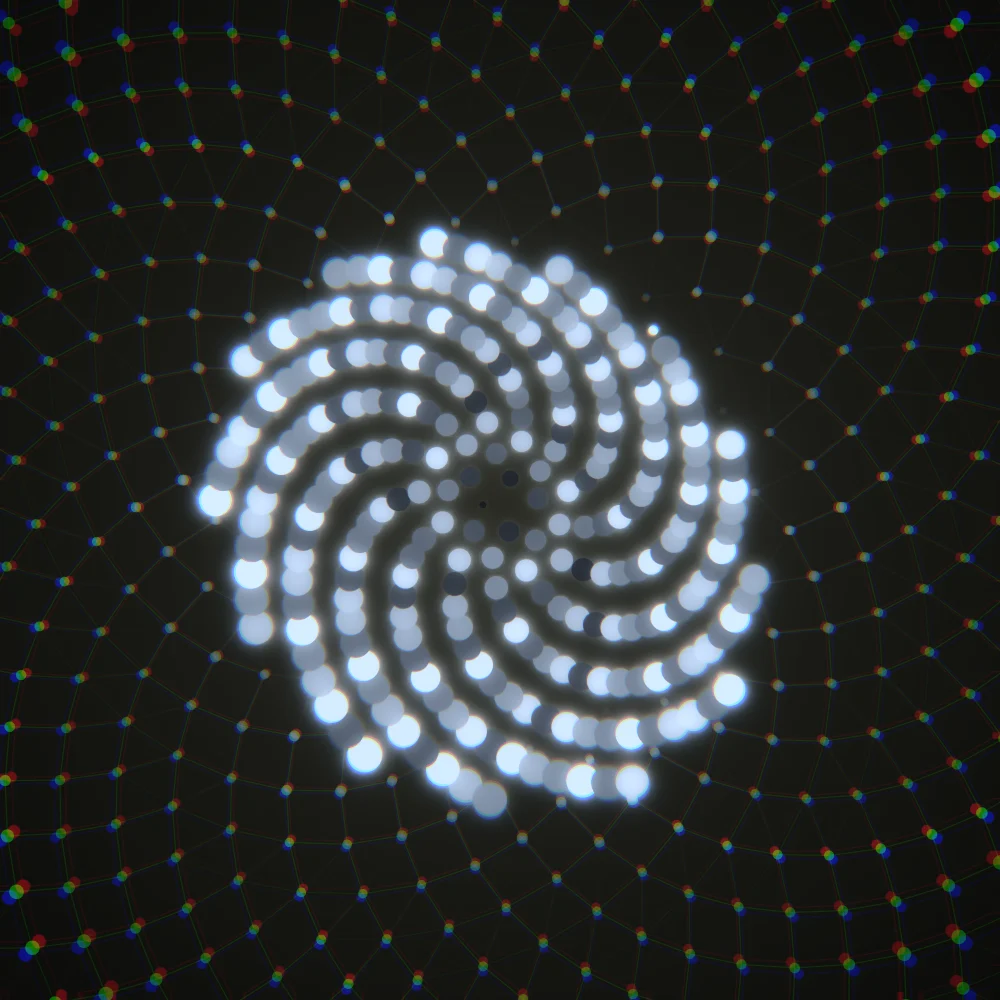 Ink Seedhead – Fibonacci · 128 circles · Ink palette · bloom, chromatic aberration, cool grade, 3D depth, animated background, glow, depth sorting generated with Espiralito