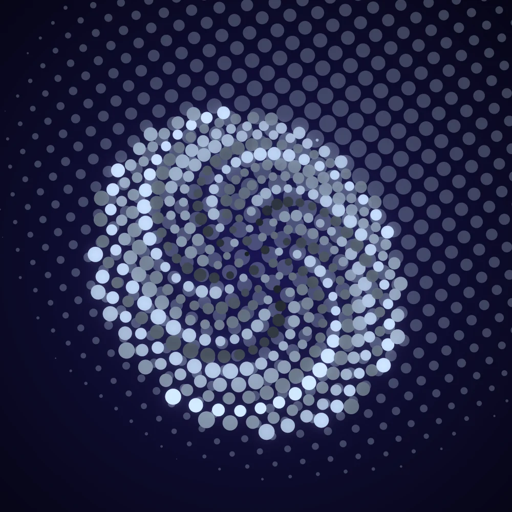 Ink Sunwheel – Fibonacci · 203 circles · Ink palette · bloom, cool grade, 3D depth, depth sorting generated with Espiralito