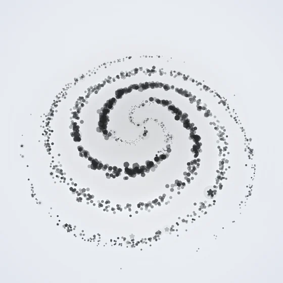 Ink Vortex – Spiral · 198 circles · 3-fold symmetry · Ink palette · shaded ribbons, , 3D depth, tapered strokes, shape morphing, animated background, glow, noise-sized shapes