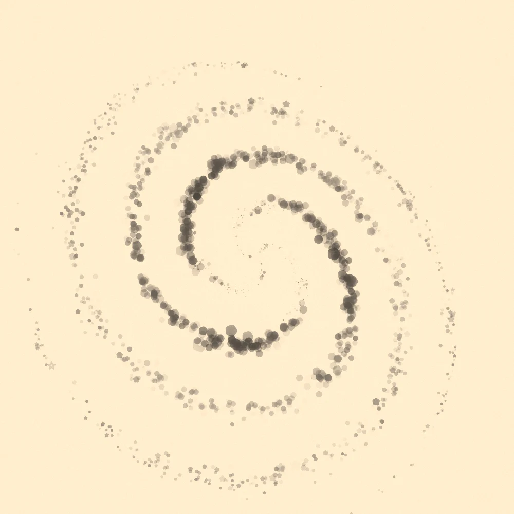 Ink Vortex – Spiral · 198 circles · 3-fold symmetry · Ink palette · shaded ribbons, bloom, film grain, warm grade, 3D depth, tapered strokes, shape morphing, animated background, glow, noise-sized shapes generated with Espiralito
