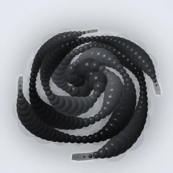 Ink Whorl – Spiral · 99 circles · 4-fold symmetry · Ink palette · ribbons + dots, , 3D depth, animated background, glow, motion trails
