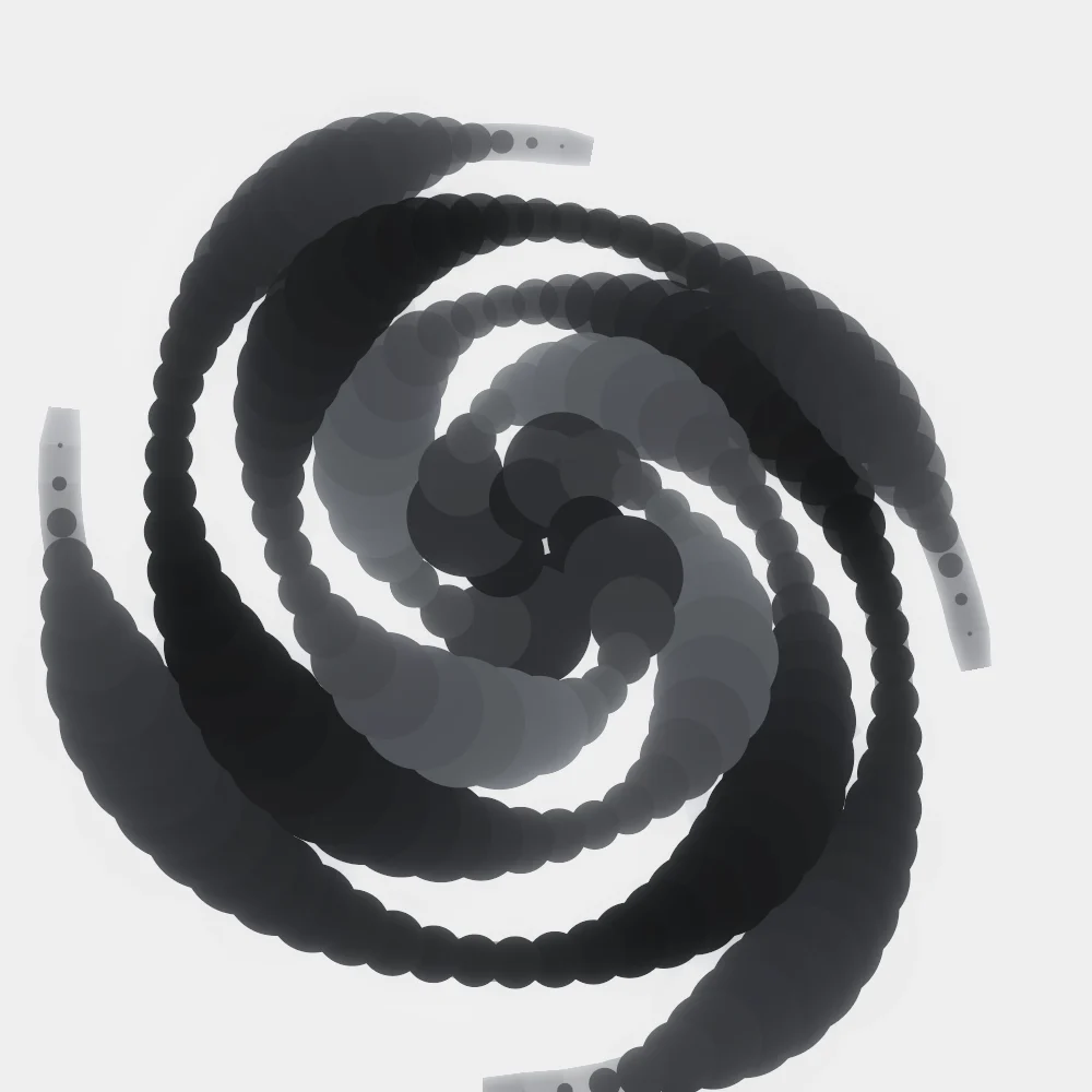 Ink Whorl – Spiral · 99 circles · 4-fold symmetry · Ink palette · ribbons + dots, bloom, 3D depth, glow, motion trails generated with Espiralito