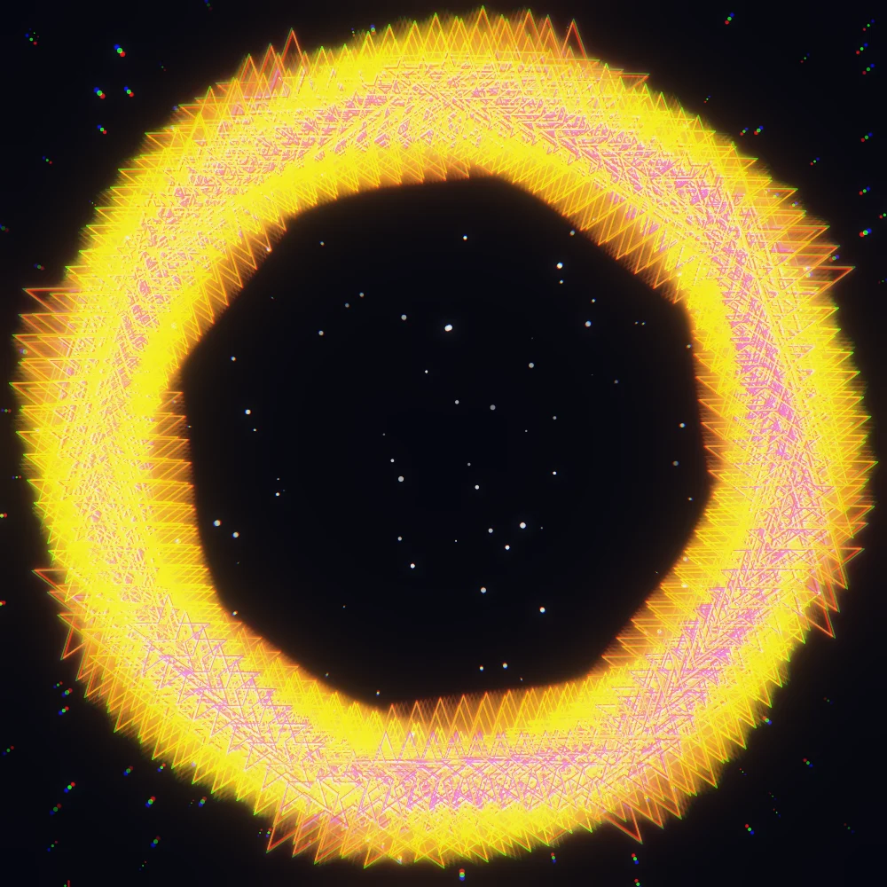 Iron Star – Superformula · 180 stars · 8-fold symmetry · Solar Flare palette · bloom, chromatic aberration, glow, motion trails generated with Espiralito