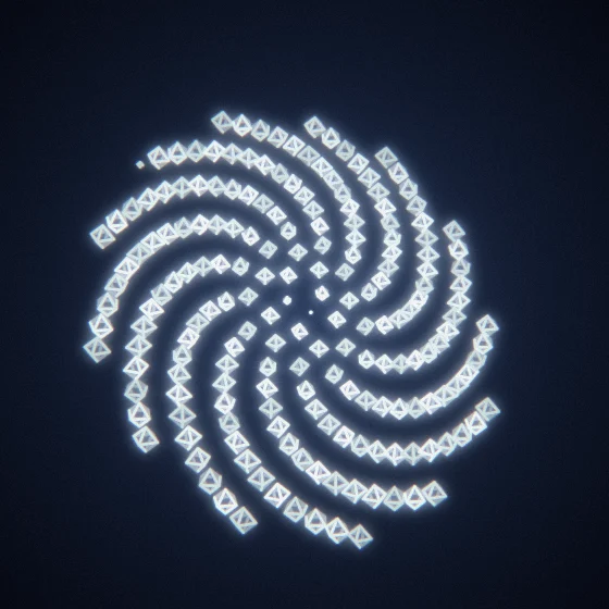 Ivory Gems – Fibonacci · 95 wireframe octahedra · White palette · bloom, chromatic aberration, film grain, 3D depth, glow, depth sorting, turning solids