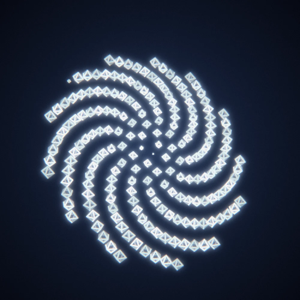 Ivory Gems – Fibonacci · 95 wireframe octahedra · White palette · bloom, chromatic aberration, film grain, 3D depth, glow, depth sorting, turning solids generated with Espiralito