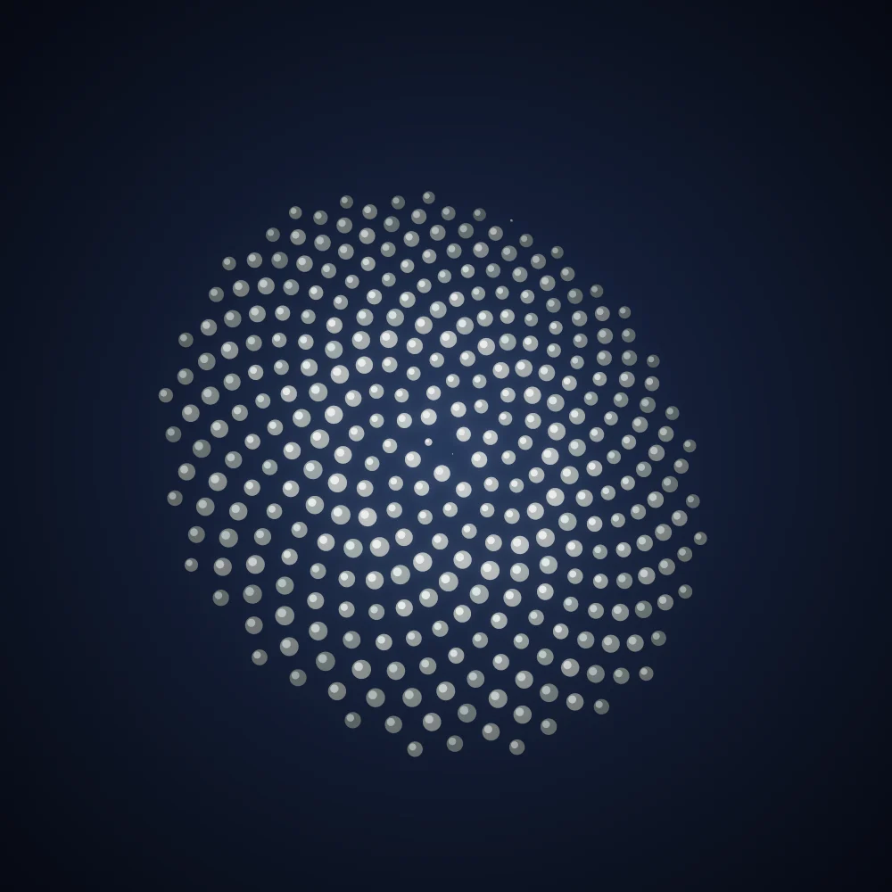 Ivory Seedhead – Fibonacci · 165 circles · White palette · bloom, 3D depth, depth sorting generated with Espiralito