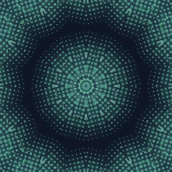 Jade Kaleidoscope – Spiral · 130 circles · 3-fold symmetry · Jade palette · shaded ribbons, 12-wedge kaleidoscope with 1 fractal fold, , 3D depth, dual spiral, animated background