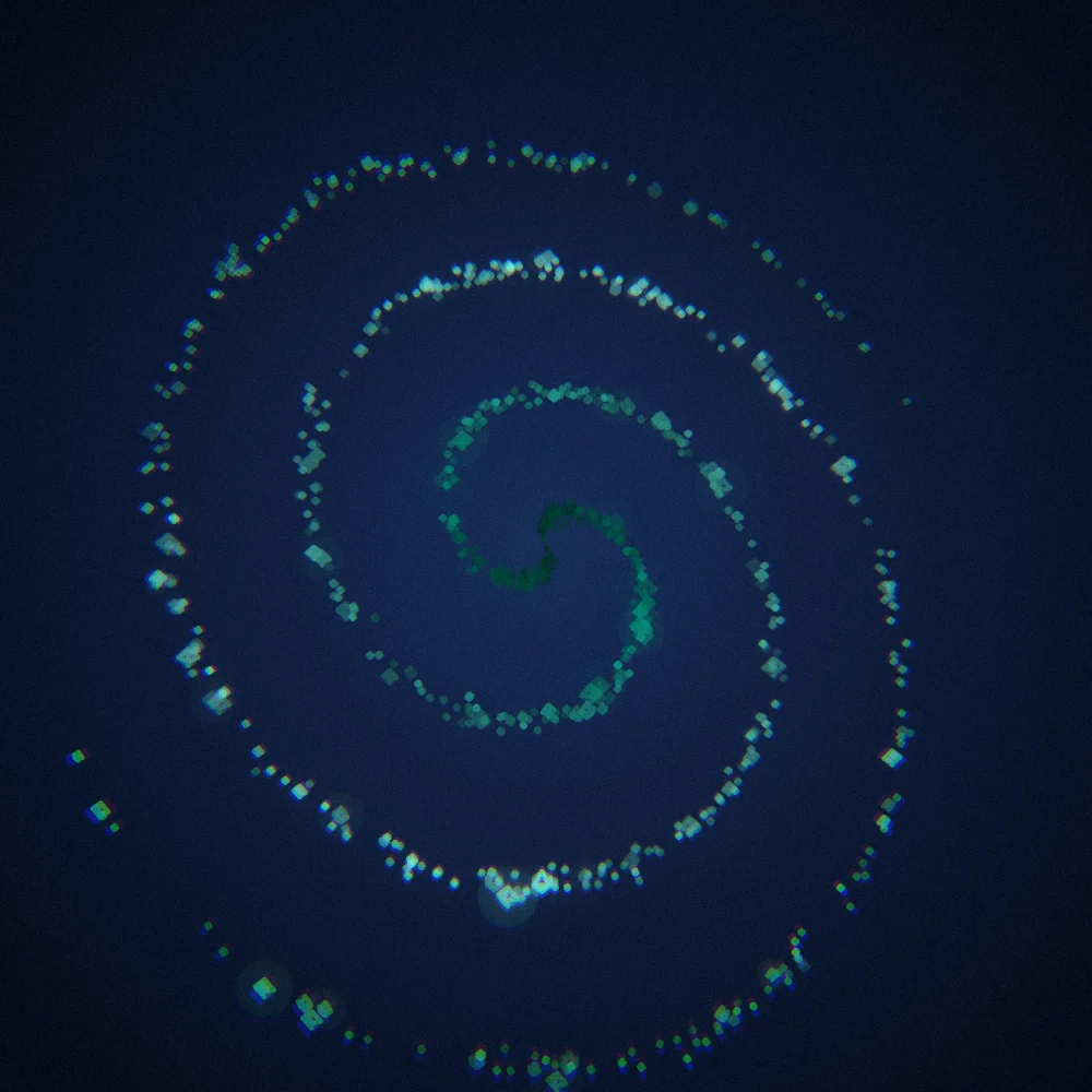 Jade Octahedra – Spiral · 124 wireframe octahedra · 2-fold symmetry · Jade palette · bloom, chromatic aberration, film grain, cool grade, 3D depth, depth sorting, turning solids generated with Espiralito
