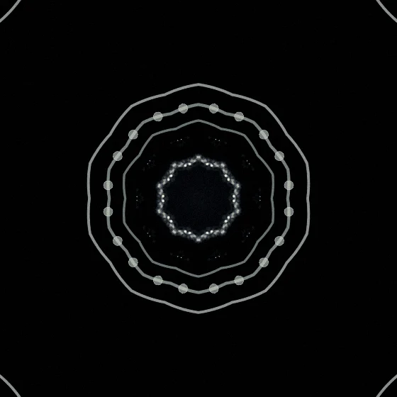 Jade Orbital Kaleidoscope – Spiral · 154 circles · 2-fold symmetry · Jade palette · 10-wedge kaleidoscope with 1 fractal fold, bloom, film grain, black-and-white grade, 3D depth, tapered strokes, shape morphing, motion trails, noise-sized shapes, depth sorting