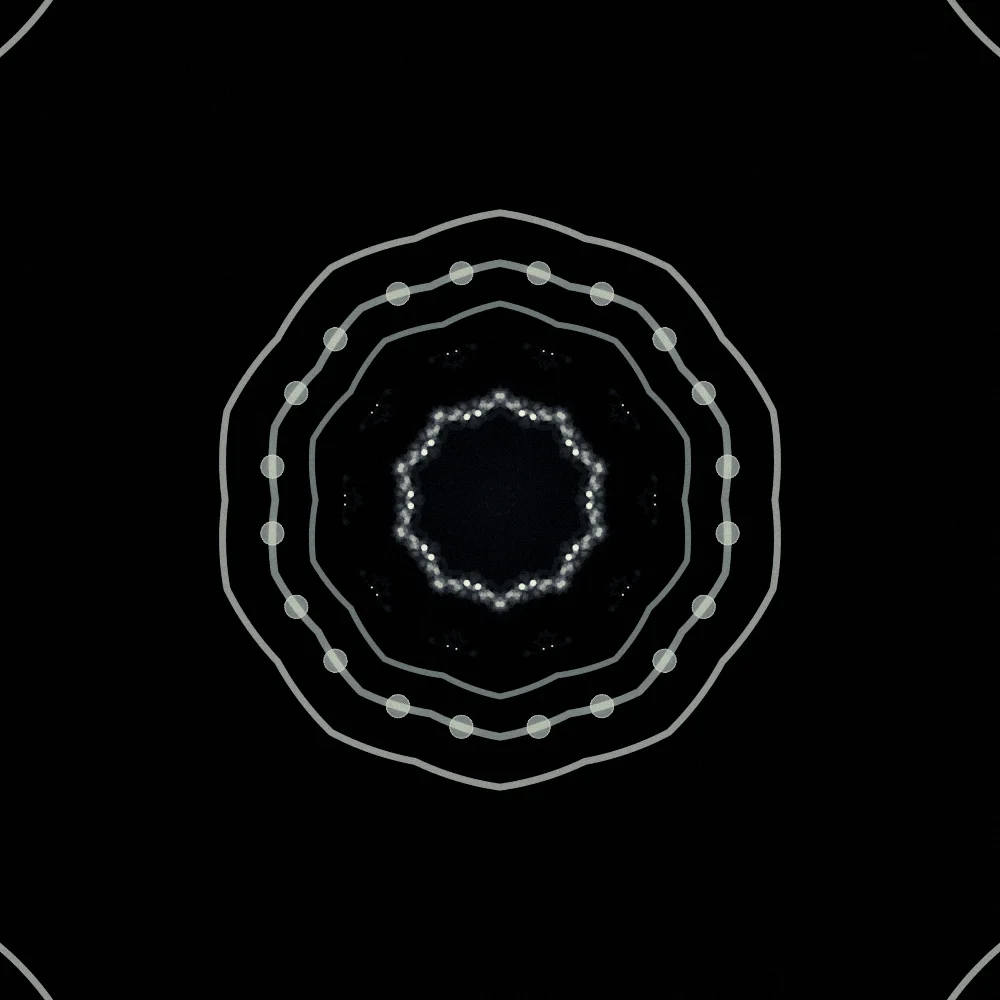 Jade Orbital Kaleidoscope – Spiral · 154 circles · 2-fold symmetry · Jade palette · 10-wedge kaleidoscope with 1 fractal fold, bloom, film grain, black-and-white grade, 3D depth, tapered strokes, shape morphing, motion trails, noise-sized shapes, depth sorting generated with Espiralito