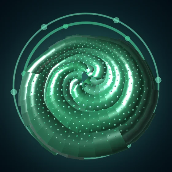 Jade Seedhead – Fibonacci · 237 circles · Jade palette · shaded ribbons, , 3D depth, animated background, connecting lines